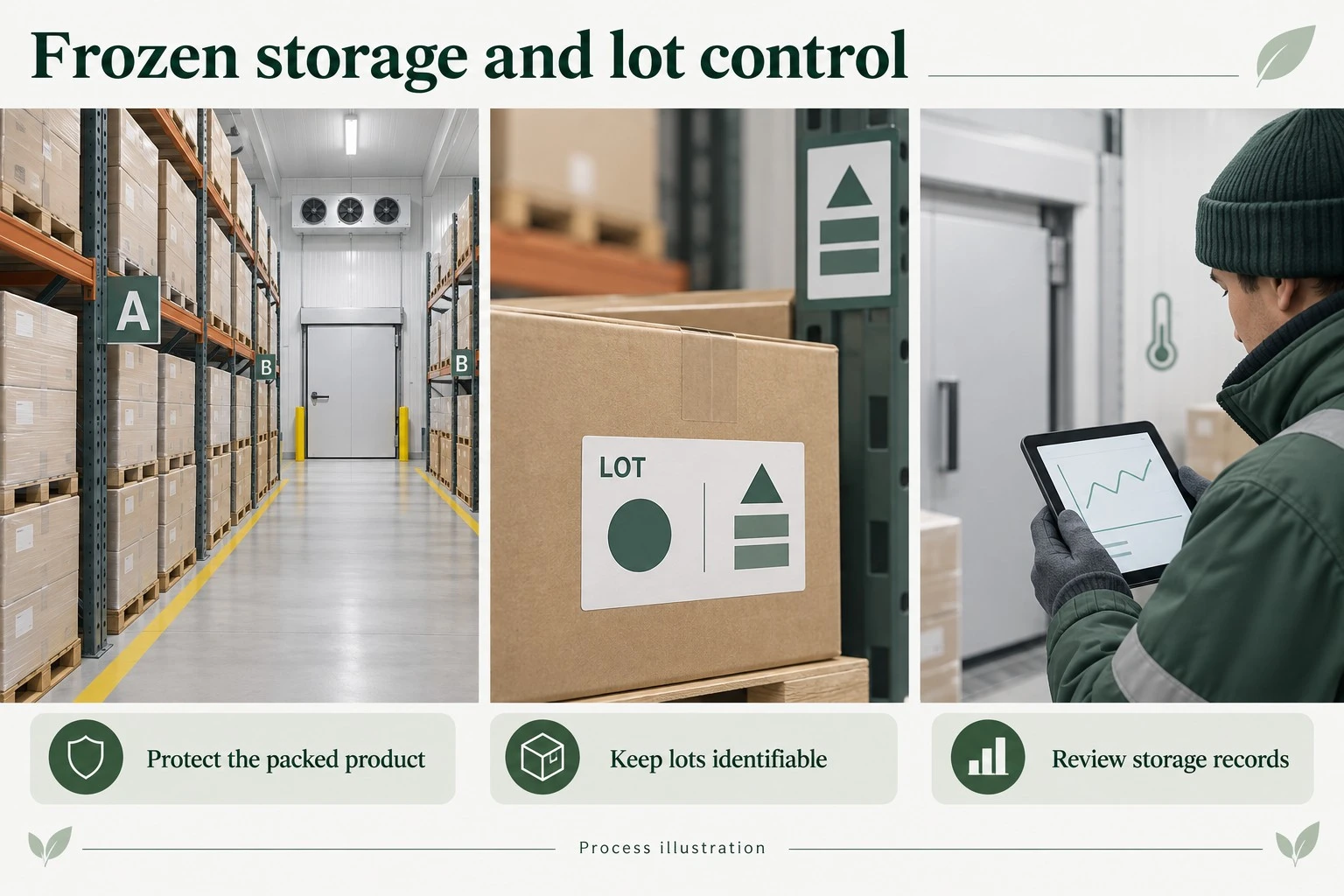 Illustrated frozen warehouse lot placement and temperature record review Illustrated frozen warehouse lot placement and temperature record review