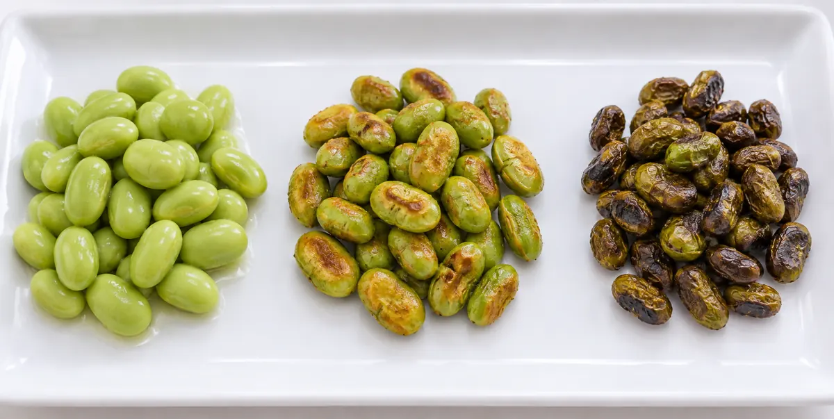 Three roasted edamame portions showing pale, golden and overdone states