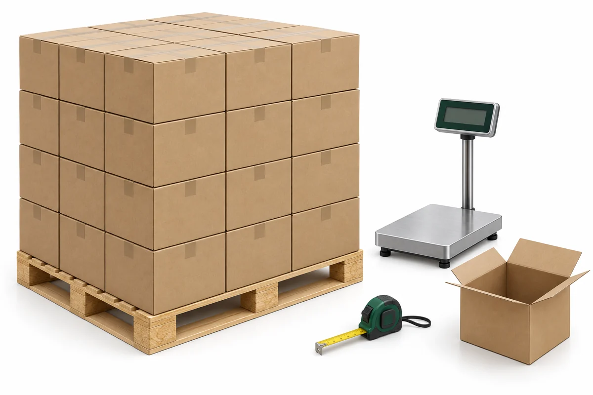 Pallet of plain frozen food cartons with scale and tape measure