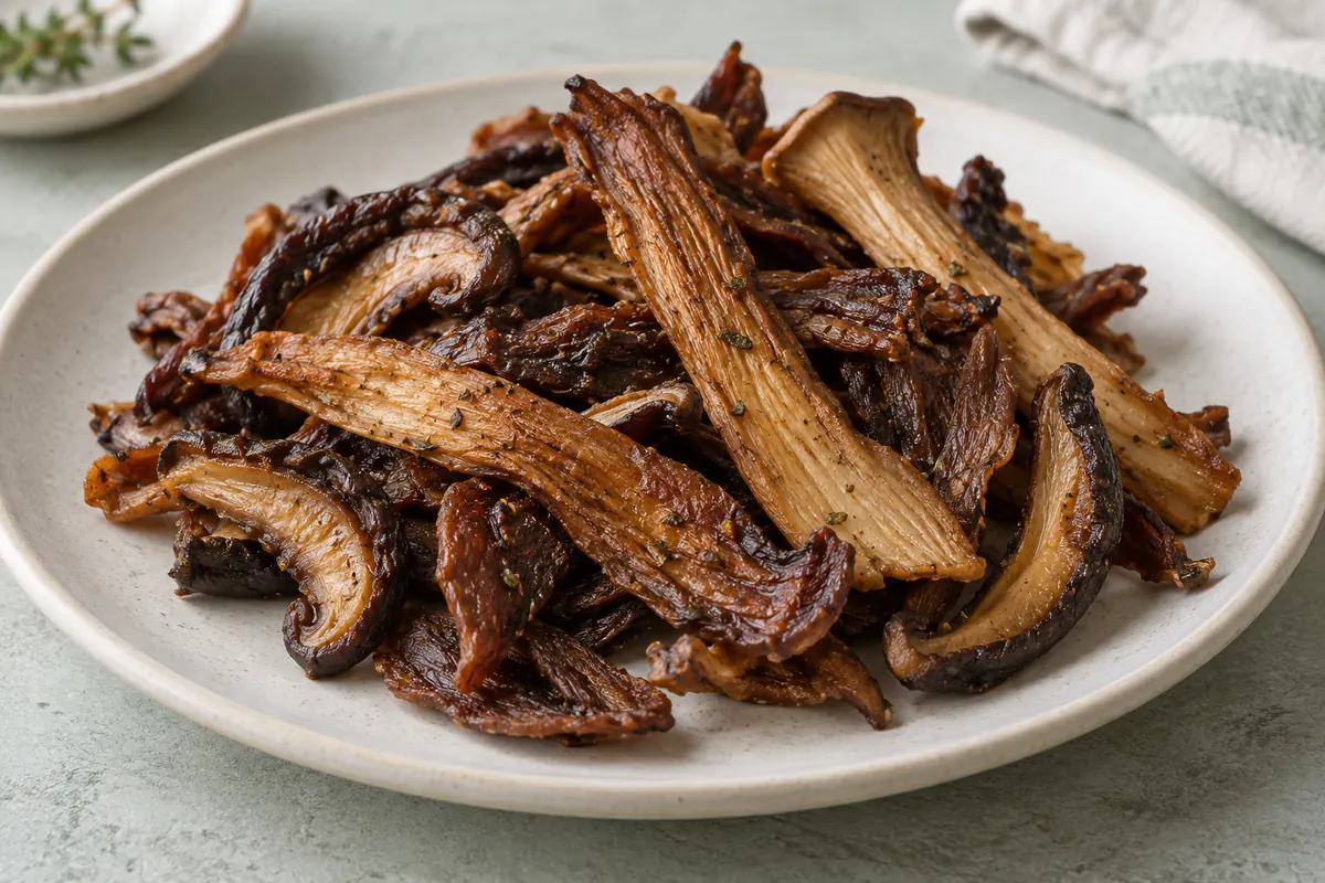 Cultivated mushroom jerky pieces on a plain plate